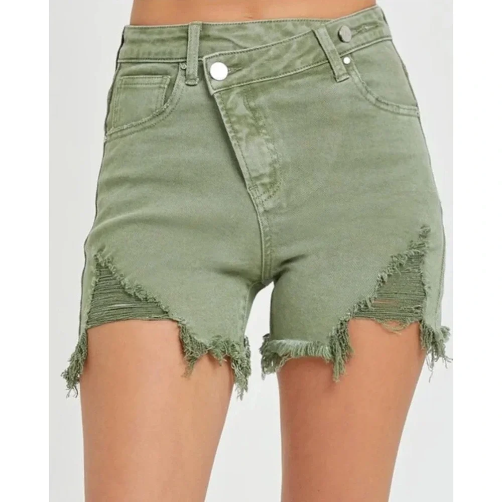RISEN JEANS Asymmetrical Crossover Olive Green Distressed Shorts Women's XL NEW